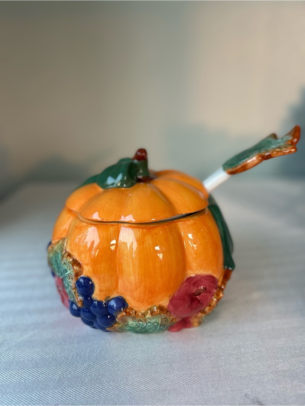 Pumpkin Ceramic Soup Tureen Bowl with Spoon - Orange